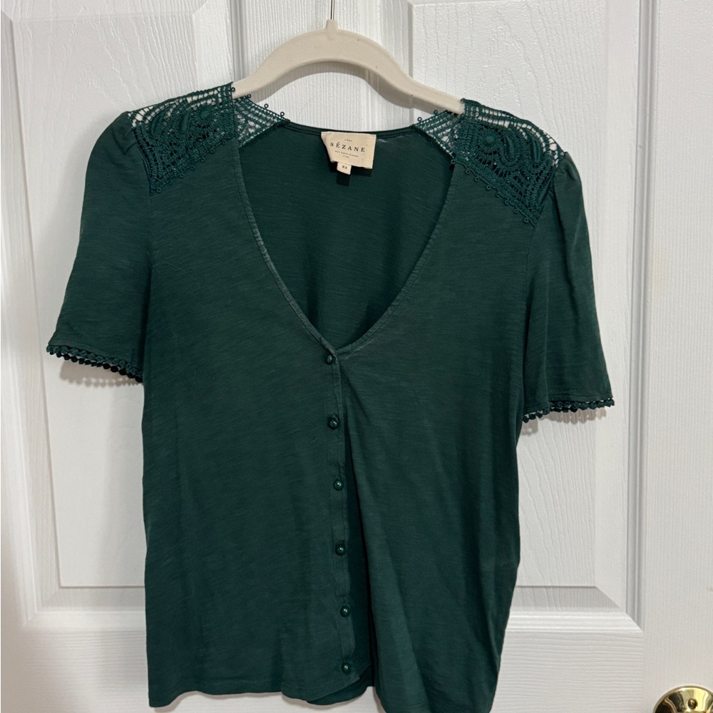 Sezane Forest Green Button Down Shirt with Lace Detail